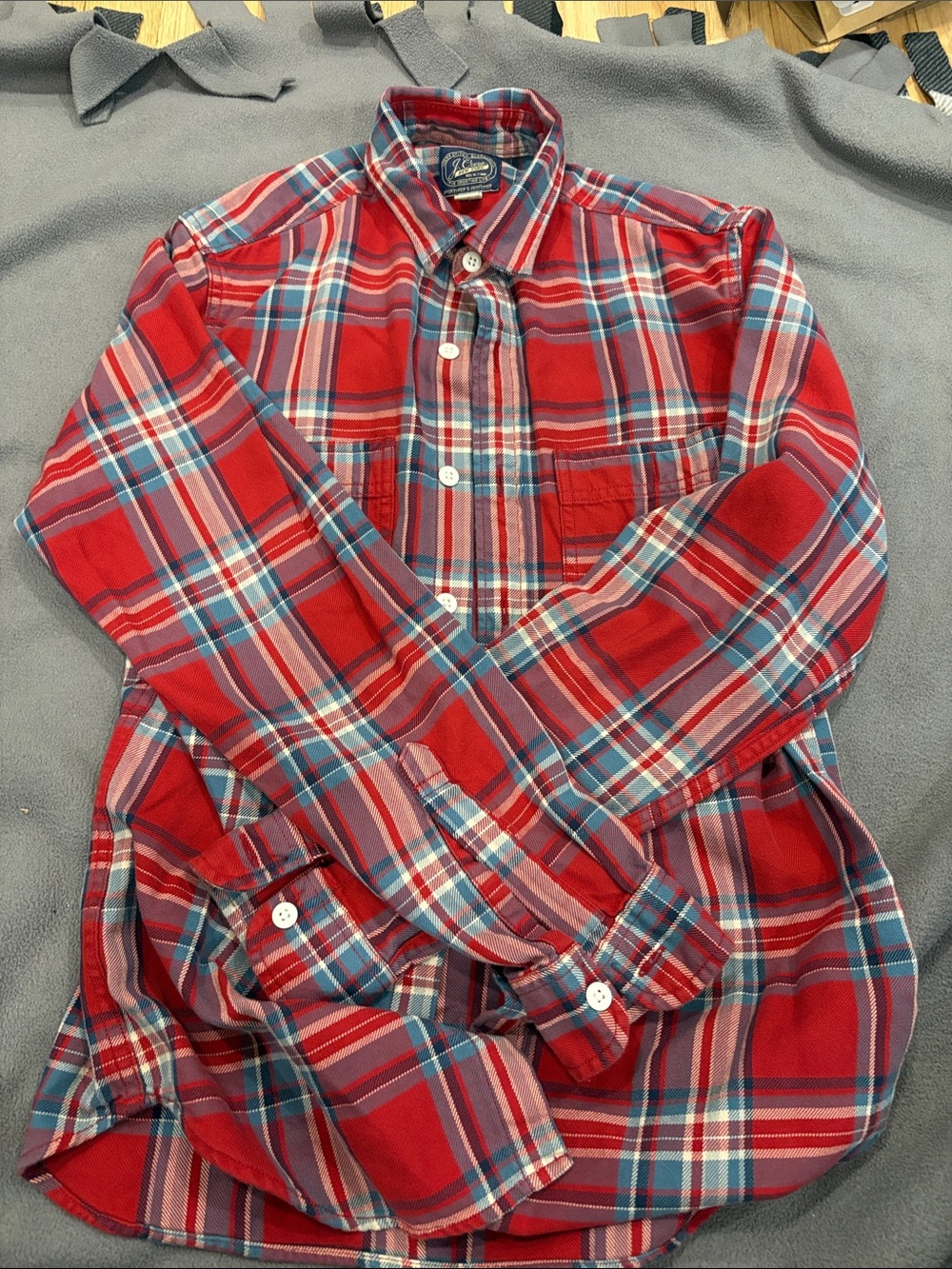 J. Crew Red Plaid Button-Down Shirt with Blue and White Accents
